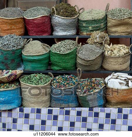 Picture - Spices for sale at market stall, Medina, Marrakesh, Morocco. Fotosearch