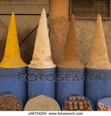 Picture - Spices for sale at market stall, Medina, Marrakesh, Morocco. Fotosearch