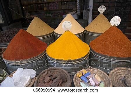Picture - Spices for sale at market stall, Medina, Marrakesh, Morocco. Fotosearch