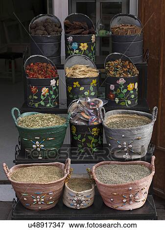 Stock Photo - Spices for sale in a souk, Marrakesh, Morocco. Fotosearch