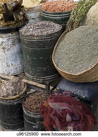 Stock Image - Spices for sale in a souk, Rahba Kedima, Marrakesh, Morocco. Fotosearch