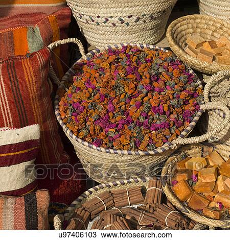Stock Image - Spices for sale in a souk, Rahba Kedima, Marrakesh, Morocco. Fotosearch