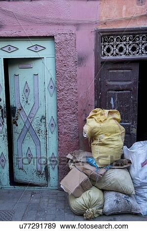 Stock Photo - Stacked of sacks in front of doorway, Medina, Marrakesh, Morocco. Fotosearch