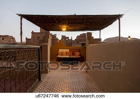 Terrace of a hotel, Kasbah Ellouze, Ouarzazate, Morocco View Large Photo Image Stock Photograph - Terrace of a hotel, Kasbah Ellouze, Ouarzazate, Morocco. Fotosearch
