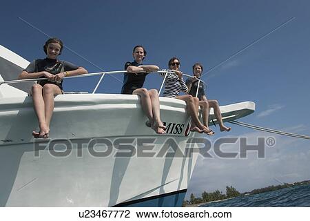 Stock Image - Tourists sitting on the edge of a yacht, Utila Island, Bay Islands, Honduras. Fotosearch