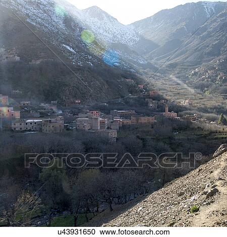 Stock Image - Village in a valley, Imlil, Atlas Mountains, Morocco. Fotosearch