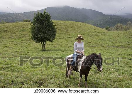 Stock Photograph - Woman horseback riding in a field, Finca El Cisne, Honduras. Fotosearch