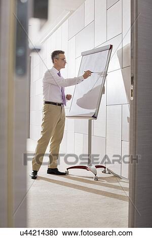 Stock Image - Businessman preparing for presentation on flipchart in office. Fotosearch