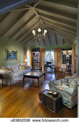 Contemporary Living Room With Parquet Flooring And Vaulted Ceiling West Palm Beach Usa Stock Photo U63852008 Fotosearch