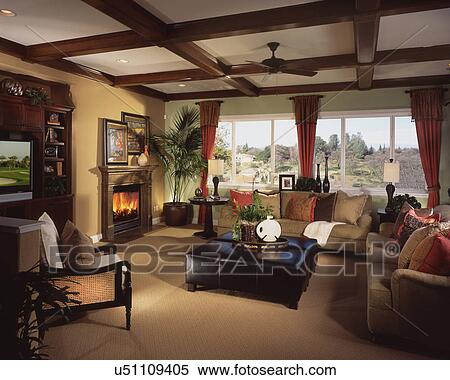 Living Room With Coffered Ceiling Stock Photography U51109405