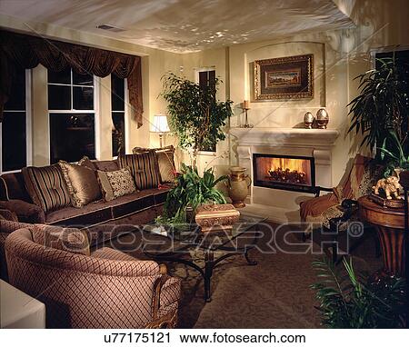 Middle Class Living Room With Fireplace Stock Image