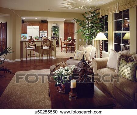 Open Plan Of Living Room With Dining Area And Kitchen Stock