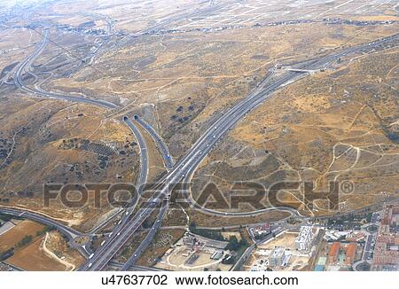 Stock Image - Aerial view of highway network, Madrid, Spain. Fotosearch
