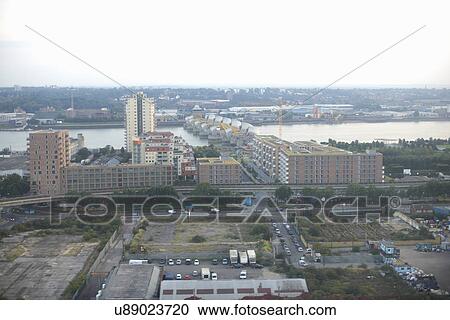 Stock Image - Aerial view of river Thames and barrier, London, UK. Fotosearch