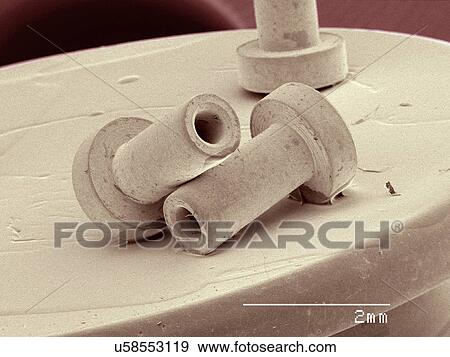 Stock Photo - Coloured SEM of rivets. Fotosearch