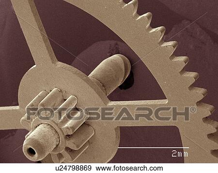 Stock Photo - Coloured SEM of watch part. Fotosearch