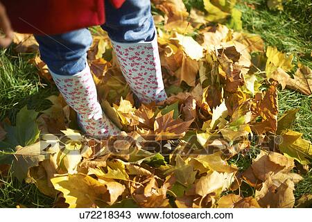 Stock Image - Cropped shot of mature woman standing in autumn leaves in park. Fotosearch