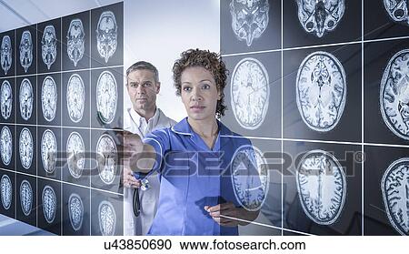 Doctor and nurse working with MRI brain scans seen through interactive display View Large Photo Image Stock Image - Doctor and nurse working with MRI brain scans seen through interactive display. Fotosearch