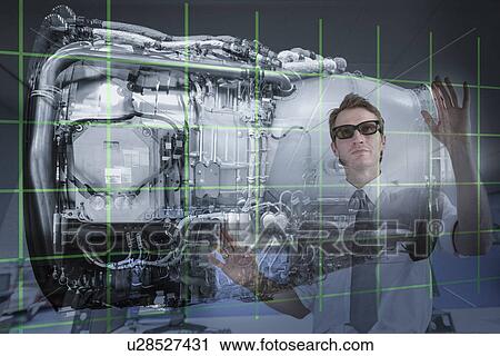 Engineer working with 3D display of Jet Engine, seen through interactive screen View Large Photo Image Stock Image - Engineer working with 3D display of Jet Engine, seen through interactive screen. Fotosearch