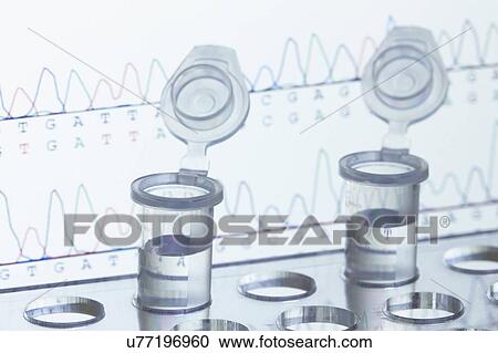 Stock Image - Eppendorf microcentrifuge tubes, DNA sequencing in background. Fotosearch