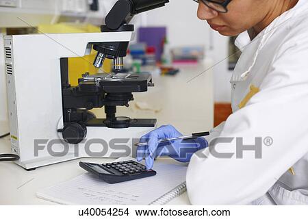 Picture - Female scientist using calculator. Fotosearch
