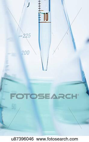Stock Photograph - Graduated pipette dropping liquid into Erlenmeyer flask. Fotosearch