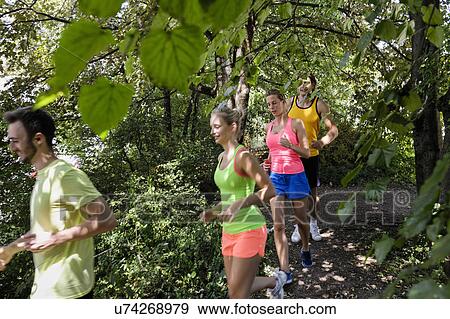 Group of people running through wooded park View Large Photo Image Stock Photo - Group of people running through wooded park. Fotosearch