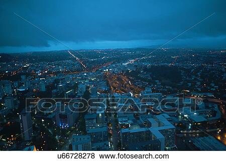 Stock Photo - High angle view of Auckland at night, New Zealand. Fotosearch