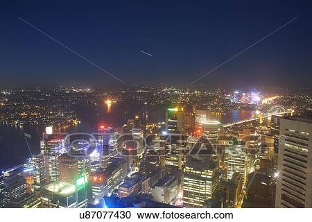 Stock Image - High angle view of Sydney at night, Australia. Fotosearch