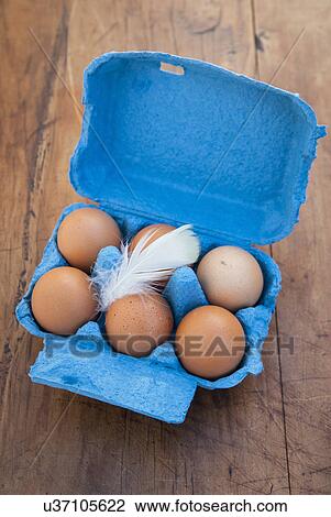 Stock Image - Still life of six brown eggs in open blue egg box. Fotosearch