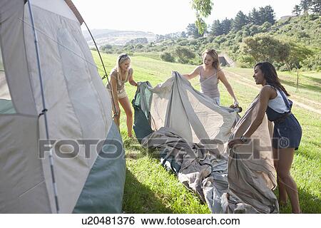 Three young female friends unwrapping tent View Large Photo Image Stock Photograph - Three young female friends unwrapping tent. Fotosearch