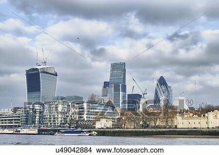 Picture - View of the Tower of London, the Gherkin and the Thames, London, UK. Fotosearch
