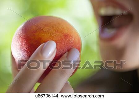 Woman holding peach to mouth View Large Photo Image Picture - Woman holding peach to mouth. Fotosearch