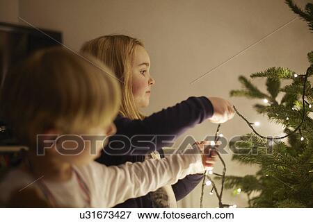 Young brother and sister putting up christmas lights View Large Photo Image Stock Photo - Young brother and sister putting up christmas lights. Fotosearch
