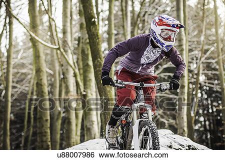Stock Photograph - Young female mountain biker riding through forest. Fotosearch