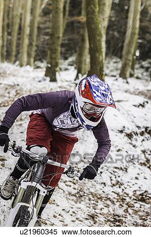 Stock Photography - Young female mountain biker riding downhill through forest. Fotosearch