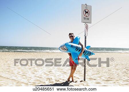 Young man holding inflatable tiger shark, Port Melbourne, Melbourne, Australia View Large Photo Image Stock Image - Young man holding inflatable tiger shark, Port Melbourne, Melbourne, Australia. Fotosearch