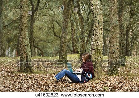 Young woman using laptop in forest View Large Photo Image Stock Image - Young woman using laptop in forest. Fotosearch