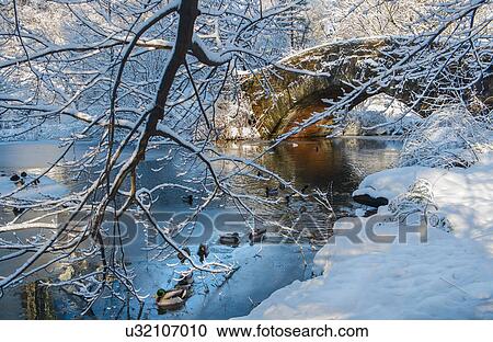 Stock Image - Bridge in Central Park in winter. Fotosearch