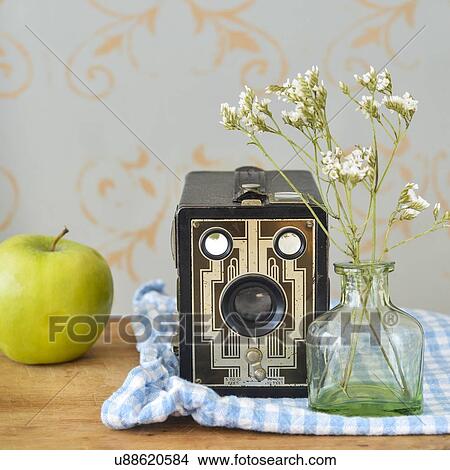 Picture - Studio shot of vintage camera, apple and flowers. Fotosearch