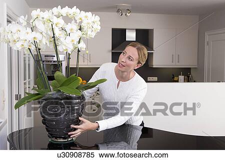 Woman putting orchid on table View Large Photo Image Stock Photography - Woman putting orchid on table. Fotosearch