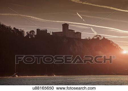 Stock Image - Angera Castello and Lake Maggiore, Lombardy, Italy. Fotosearch