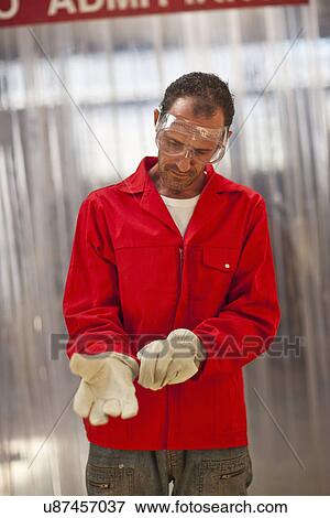 Stock Photo - Carpenter putting on protective gloves. Fotosearch