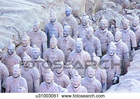 Stock Image - China, Xian Shaanxi, Army of Terracotta Warriors in Emperor Qin Shi Huang's Tomb. Fotosearch