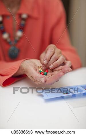 Stock Image - Close up of senior woman holding medication from pillbox. Fotosearch