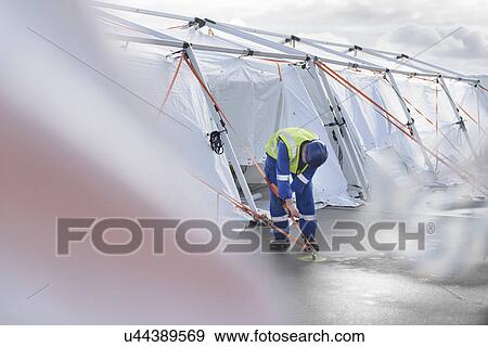 Stock Photo - Emergency Response Team worker adjusting tent anchor. Fotosearch