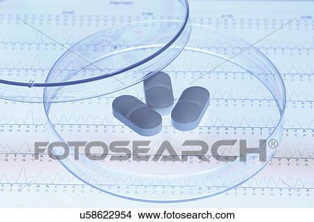Genetic research. Pills in a Petri dish on the screen of a tablet computer that displays results of automated DNA sequencing View Large Photo Image Picture - Genetic research. Pills in a Petri dish on the screen of a tablet computer that displays results of automated DNA sequencing. Fotosearch