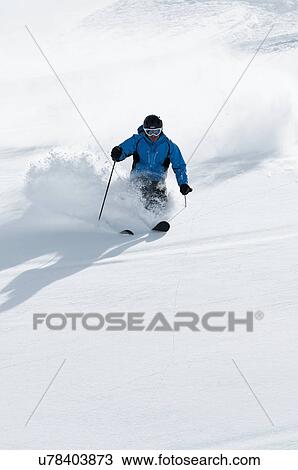 Stock Image - Mid adult male skier on downhill, Obergurgl, Austria. Fotosearch