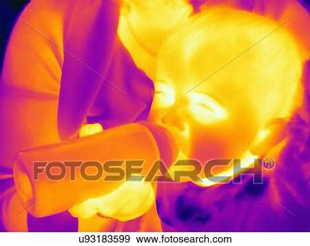 Stock Photo - Thermal photograph of mother feeding baby boy a bottle. Fotosearch