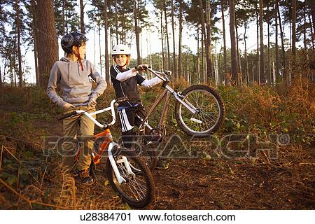 Stock Image - Twin brothers holding BMX bikes chatting in forest. Fotosearch